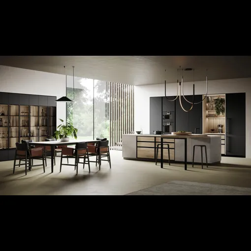 Cucina Moderna con isola Ménta in bilaminato Beton Giove, laminato PET Nero Onice e bilaminato Rovere di Miton