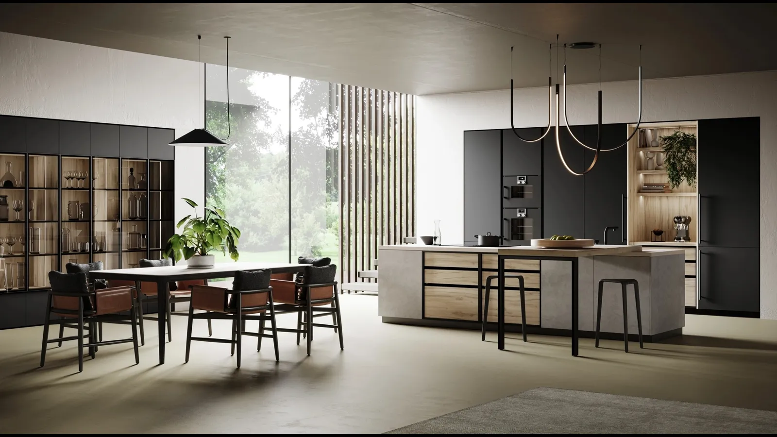 Cucina Moderna con isola Ménta in bilaminato Beton Giove, laminato PET Nero Onice e bilaminato Rovere di Miton