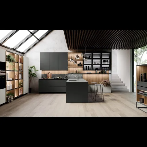 Cucina Moderna con penisola Ménta in bilaminato Grigio Medio di Miton