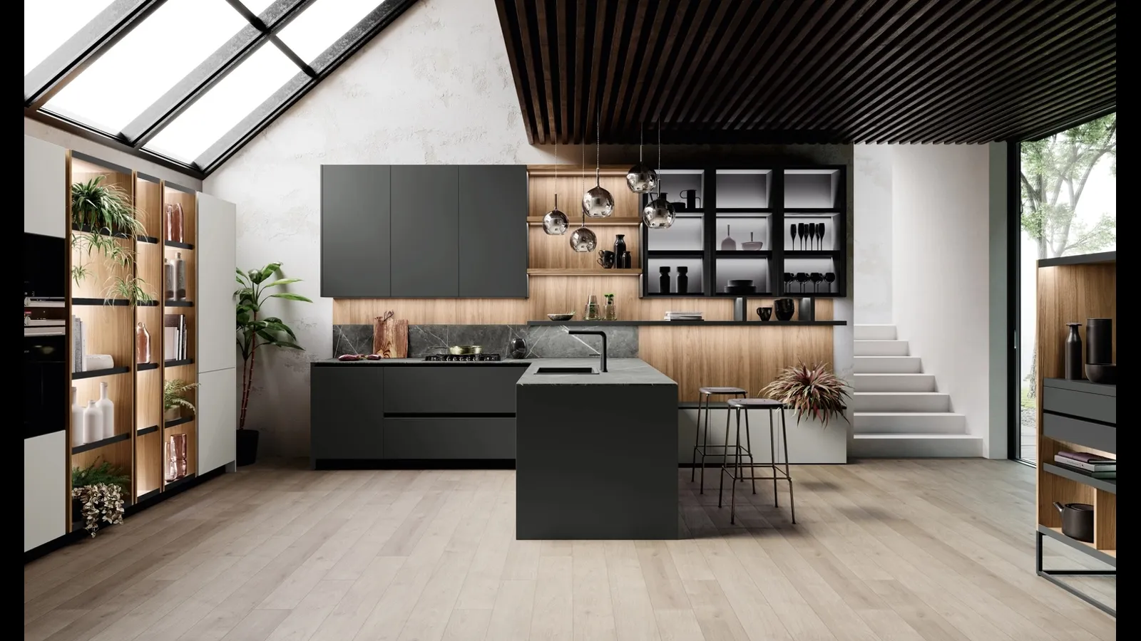 Cucina Moderna con penisola Ménta in bilaminato Grigio Medio di Miton