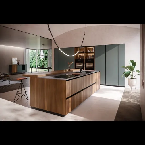 Cucina Moderna con isola Ménta in bilaminato Legno Noce Cordesco di Miton