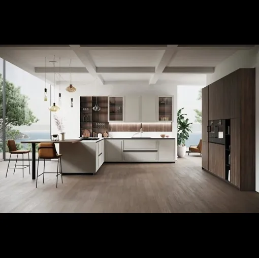 Cucina Moderna con penisola Tes in laccato Grigio Box e bilaminato legno di Miton